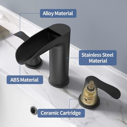 SINGSUO Bathroom Faucets for Sink 3 Hole, 8 Inch Waterfall Bathroom Faucet with 360 Degree Swivel Spout, 2 Handle Widespread Bathroom Faucet with Pop Up Drain, 3 Piece Matte Black Bathroom Faucet in Kuwait