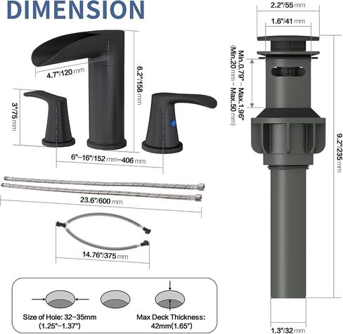 SINGSUO Bathroom Faucets for Sink 3 Hole, 8 Inch Waterfall Bathroom Faucet with 360 Degree Swivel Spout, 2 Handle Widespread Bathroom Faucet with Pop Up Drain, 3 Piece Matte Black Bathroom Faucet in Kuwait