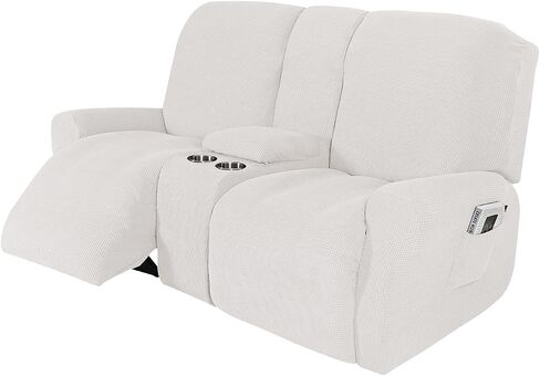NILUOH Reclining Loveseat with Console Slipcover, 8-Piece Stretch Jacquard Recliner Cover 2 seat Loveseat Recliner Sofa Cover Non Slip Recliner Couch Cover with Storage Pocket (Beige) in Saudi Arabia