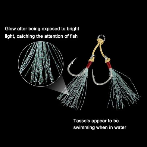 PATIKIL Fishing Assist Hooks Kit, Double Assist Jigging Hook with Glow Tassel for Slow Pitch Jigs Vertical Jigging Lure in Saudi Arabia