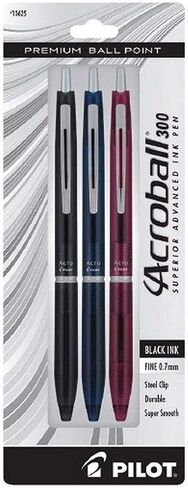 PILOT Acroball 300 Premium Refillable & Retractable Ball Point Pen, Assorted Color Barrels, Fine Point, Black Ink, 3-Pack (13625) in Saudi Arabia