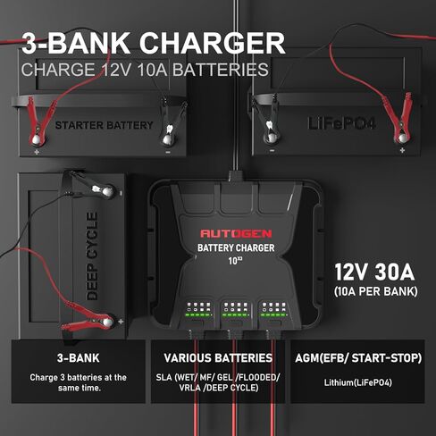 شاحن بطارية بحري ذكي 3 بنوك من AUTOGEN، 12 فولت 30 أمبير (10 أمبير/بنك) شاحن قارب مقاوم للماء على متن الطائرة، جهاز صيانة البطارية ومزيل الكبريت لبطاريات Deep-Cylce وAGM والليثيوم (LiFePO4) in Kuwait