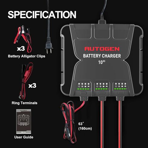 شاحن بطارية بحري ذكي 3 بنوك من AUTOGEN، 12 فولت 30 أمبير (10 أمبير/بنك) شاحن قارب مقاوم للماء على متن الطائرة، جهاز صيانة البطارية ومزيل الكبريت لبطاريات Deep-Cylce وAGM والليثيوم (LiFePO4) in Kuwait