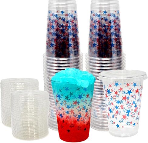 Gift Boutique 50 Pack Disposable Plastic Patriotic Cups 10 oz. With 50 Straw Slot Lids Star Design Clear Drinking Cup for Holiday July 4th Tableware Party Supplies in Saudi Arabia
