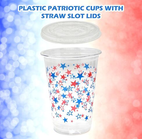 Gift Boutique 50 Pack Disposable Plastic Patriotic Cups 10 oz. With 50 Straw Slot Lids Star Design Clear Drinking Cup for Holiday July 4th Tableware Party Supplies in Saudi Arabia