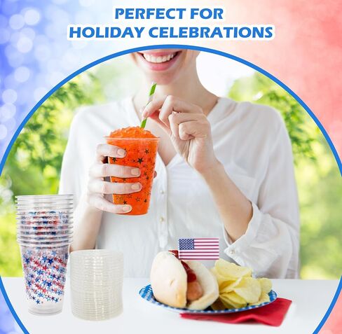 Gift Boutique 50 Pack Disposable Plastic Patriotic Cups 10 oz. With 50 Straw Slot Lids Star Design Clear Drinking Cup for Holiday July 4th Tableware Party Supplies in Saudi Arabia