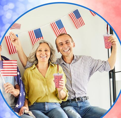 Gift Boutique 50 Pack Disposable Plastic Patriotic Cups 10 oz. With 50 Straw Slot Lids Star Design Clear Drinking Cup for Holiday July 4th Tableware Party Supplies in Saudi Arabia