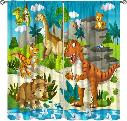 Dinosaur Kids Curtains, Cartoon Colorful Dino Blackout Window Treatments for Boys Girls Children Nursery Living Room Bedroom, Wildlife Safari Animal Patterned Print Drapes 2 Panel Sets,42x45 Inch in Saudi Arabia