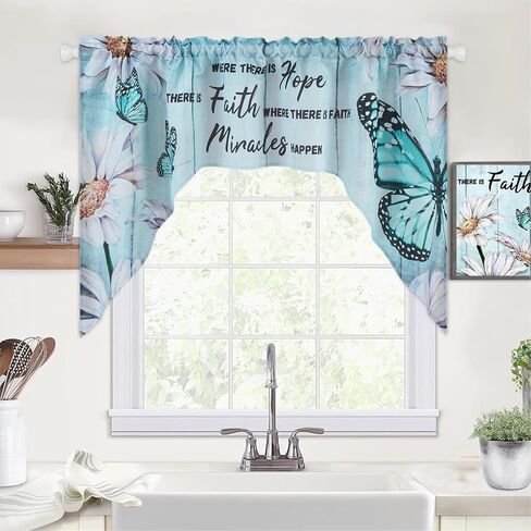 Likiyol Butterfly Swag Curtains Floral Daisy Kitchen Swag Curtain, Farmhouse Teal Swag Valances, Rod Pocket Small Window Curtain for Cafe Bathroom Bedroom Drapes, 60 x 36 Inches in Kuwait