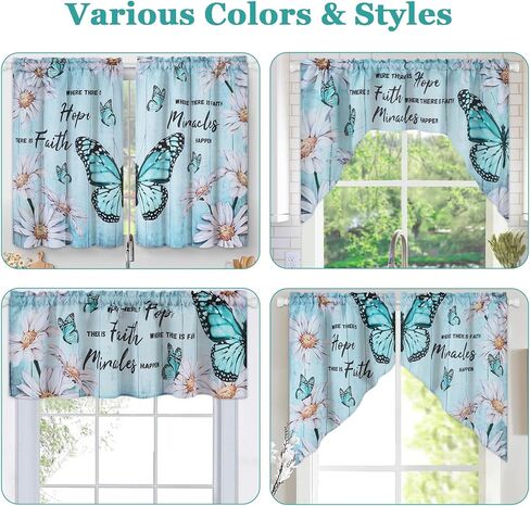 Likiyol Butterfly Swag Curtains Floral Daisy Kitchen Swag Curtain, Farmhouse Teal Swag Valances, Rod Pocket Small Window Curtain for Cafe Bathroom Bedroom Drapes, 60 x 36 Inches in Kuwait