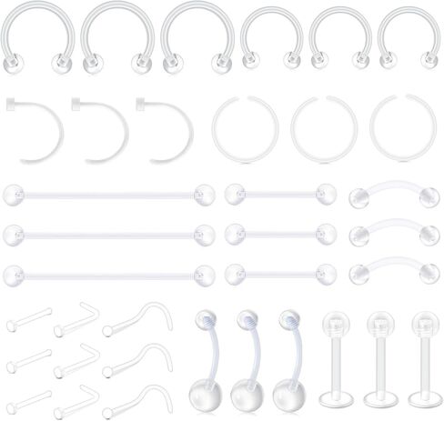 D.Bella Mix Style Clear Piercing Kit Retainer Flexible Lip Nose Eyebrow Nipple Tongue Belly Button Rings Piercing Retainer Bioflex Plastic Industrial Barbell Piercing Retainer in Saudi Arabia