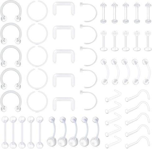 D.Bella Mix Style Clear Piercing Kit Retainer Flexible Lip Nose Eyebrow Nipple Tongue Belly Button Rings Piercing Retainer Bioflex Plastic Industrial Barbell Piercing Retainer in Saudi Arabia