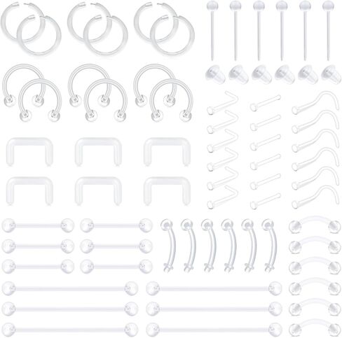 D.Bella Mix Style Clear Piercing Kit Retainer Flexible Lip Nose Eyebrow Nipple Tongue Belly Button Rings Piercing Retainer Bioflex Plastic Industrial Barbell Piercing Retainer in Saudi Arabia