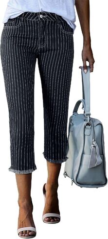 Sidefeel Women's Capri Jeans Stretchy Straight Leg Denim Pants White Stripe Size 10 in Saudi Arabia