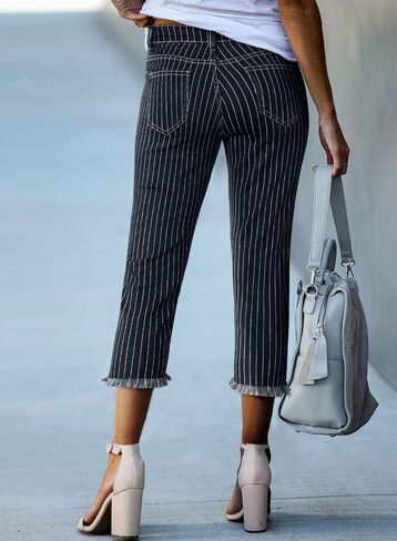 Sidefeel Women's Capri Jeans Stretchy Straight Leg Denim Pants White Stripe Size 10 in Saudi Arabia