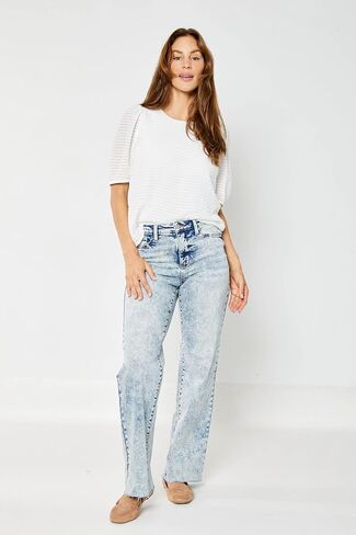 Judy Blue High Waist Mineral Wash Raw Hem Wide Jeans for Women 88828- in Saudi Arabia