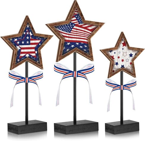 Yinkin 3 Pcs 4th of July Patriotic Table Decorations Rustic Standing Star Block Wooden Star Centerpieces for Tables Memorial Day Decorations Independence Day Tiered Tray Decor (Classic Style) in Saudi Arabia