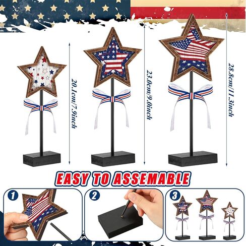 Yinkin 3 Pcs 4th of July Patriotic Table Decorations Rustic Standing Star Block Wooden Star Centerpieces for Tables Memorial Day Decorations Independence Day Tiered Tray Decor (Classic Style) in Saudi Arabia