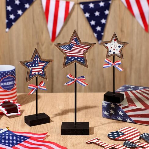 Yinkin 3 Pcs 4th of July Patriotic Table Decorations Rustic Standing Star Block Wooden Star Centerpieces for Tables Memorial Day Decorations Independence Day Tiered Tray Decor (Classic Style) in Saudi Arabia