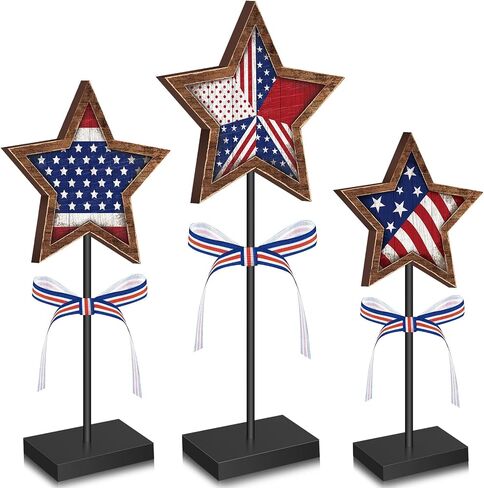 Yinkin 3 Pcs 4th of July Patriotic Table Decorations Rustic Standing Star Block Wooden Star Centerpieces for Tables Memorial Day Decorations Independence Day Tiered Tray Decor (Classic Style) in Saudi Arabia
