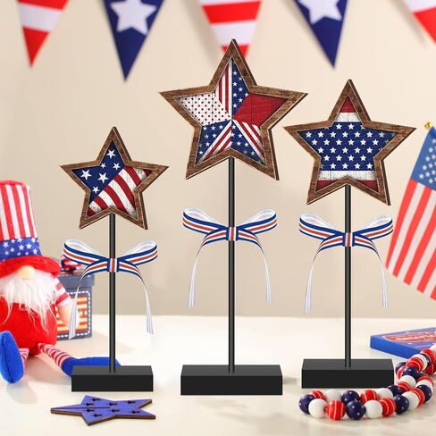 Yinkin 3 Pcs 4th of July Patriotic Table Decorations Rustic Standing Star Block Wooden Star Centerpieces for Tables Memorial Day Decorations Independence Day Tiered Tray Decor (Classic Style) in Saudi Arabia
