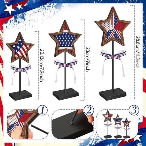 Yinkin 3 Pcs 4th of July Patriotic Table Decorations Rustic Standing Star Block Wooden Star Centerpieces for Tables Memorial Day Decorations Independence Day Tiered Tray Decor (Classic Style) in Saudi Arabia