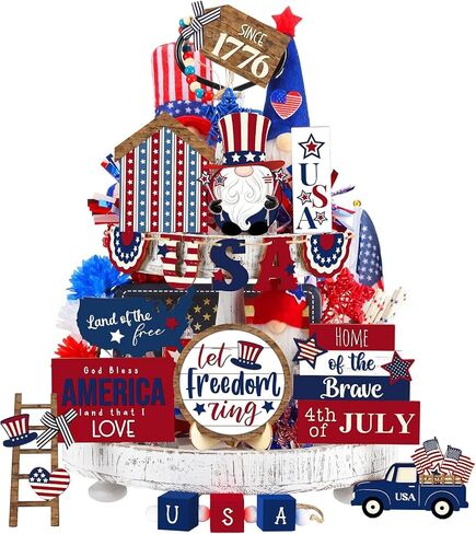 4th of July Tiered Tray Decor Set 16 Pcs, Patriotic Tiered Tray Decor Independence Day Blue White Red Farmhouse Decorative Trays Wood Centerpieces for National Memorial Day in Saudi Arabia