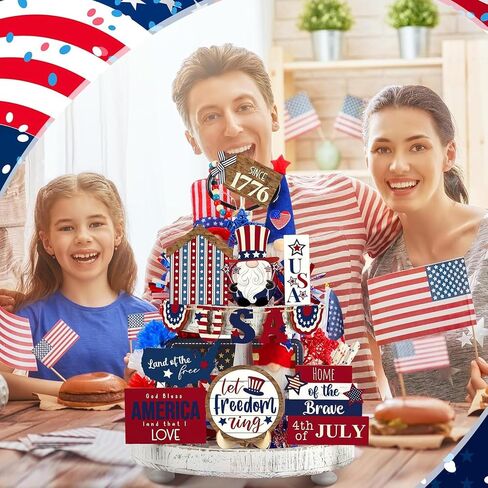 4th of July Tiered Tray Decor Set 16 Pcs, Patriotic Tiered Tray Decor Independence Day Blue White Red Farmhouse Decorative Trays Wood Centerpieces for National Memorial Day in Saudi Arabia