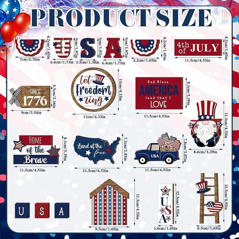 4th of July Tiered Tray Decor Set 16 Pcs, Patriotic Tiered Tray Decor Independence Day Blue White Red Farmhouse Decorative Trays Wood Centerpieces for National Memorial Day in Saudi Arabia