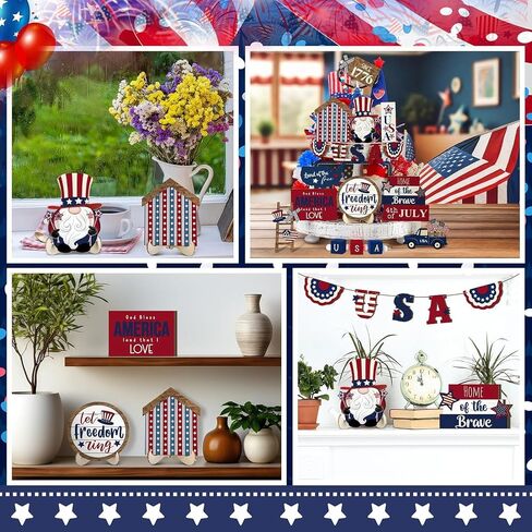 4th of July Tiered Tray Decor Set 16 Pcs, Patriotic Tiered Tray Decor Independence Day Blue White Red Farmhouse Decorative Trays Wood Centerpieces for National Memorial Day in Saudi Arabia