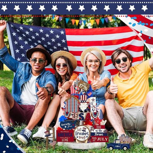 4th of July Tiered Tray Decor Set 16 Pcs, Patriotic Tiered Tray Decor Independence Day Blue White Red Farmhouse Decorative Trays Wood Centerpieces for National Memorial Day in Saudi Arabia