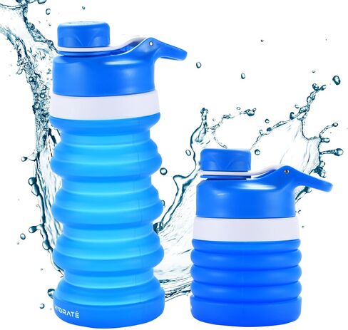Hydrate Collapsible Water Bottle, 14.2oz - Expandable from 4.3" to 7.4" - Portable Silicone Leakproof Folding Cup - Flexible Liquid Container - Reusable Blue Drink Storage for Travel - Secure Drinking in Saudi Arabia