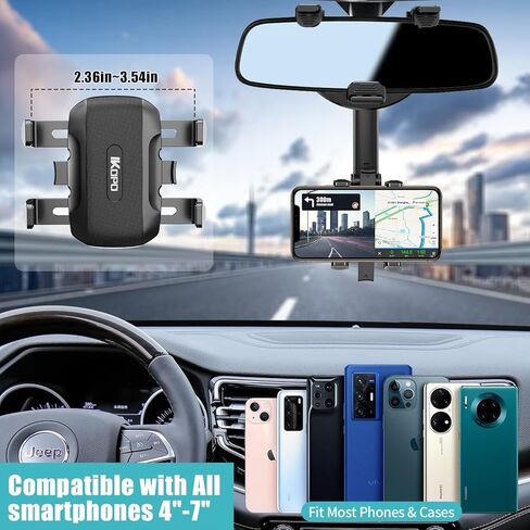 IKOPO Car Phone Holder Rearview Mirror Mount, Sturdiest Shockproof Mobile Cell Phone Mount for Car with Adjustable Arm Suitable All Phones and All Car Rearview Mirror in Kuwait