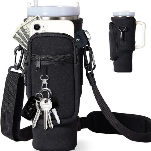 Water Bottle Carrier Bag 40 Oz Stanley， Stanley Cup Bag with Cell Phone Pocket, Card Pocket, Mountaineering Buckle, and Keychain, Pink Multifunctional Bottle Pouch for Stanley Cup Accessories in Saudi Arabia