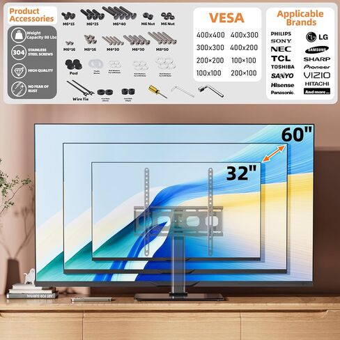 Glass Base Black Steel Tabletop TV Stand for 32 to 60 inch TVs, Universal TV Base Holds up to 88 lbs, VESA 100x100 to 400x400mm in Saudi Arabia