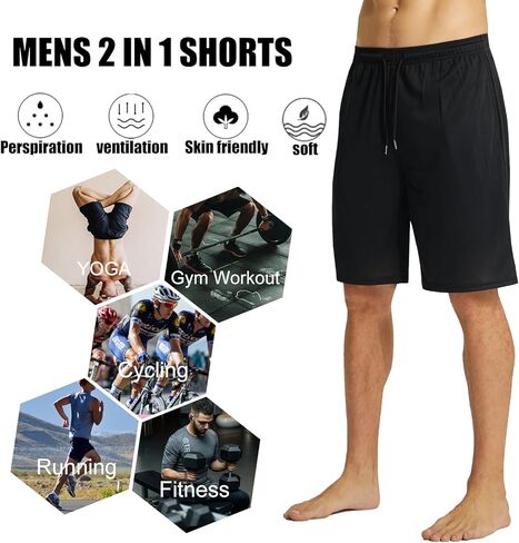 YUSHOW شورت رياضي رجالي 2 في 1 شورت جري سريع الجفاف للتمرين في صالة الألعاب الرياضية وكرة السلة وركوب الدراجات مع جيب للهاتف in Kuwait
