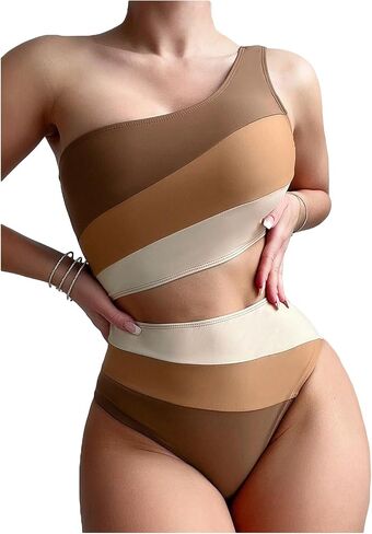 OYOANGLE Women's Color Block One Shoulder Cut Out One Piece Swimsuit Bathing Suits Beachwear in Saudi Arabia