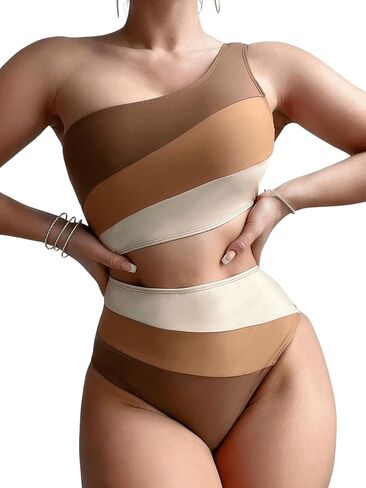 OYOANGLE Women's Color Block One Shoulder Cut Out One Piece Swimsuit Bathing Suits Beachwear in Saudi Arabia