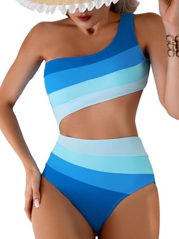 OYOANGLE Women's Color Block One Shoulder Cut Out One Piece Swimsuit Bathing Suits Beachwear in Saudi Arabia