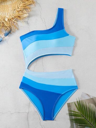 OYOANGLE Women's Color Block One Shoulder Cut Out One Piece Swimsuit Bathing Suits Beachwear in Saudi Arabia