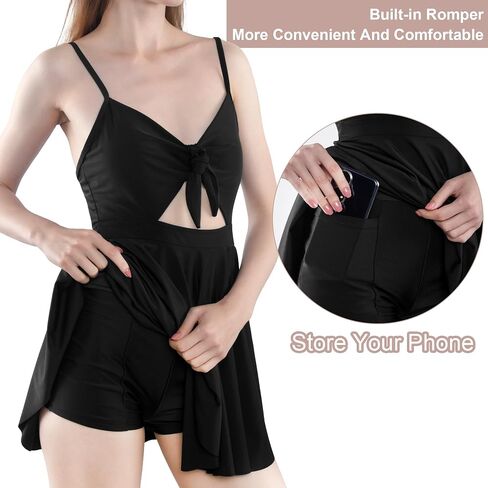 Swim Romper with Built in Bra and Pockets, High Waisted Halter Front Tie Knot Swimdress Bathing Suit Black in Saudi Arabia