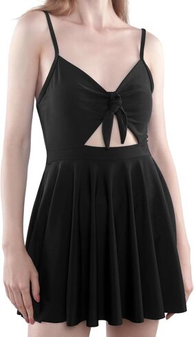 Swim Romper with Built in Bra and Pockets, High Waisted Halter Front Tie Knot Swimdress Bathing Suit Black in Saudi Arabia