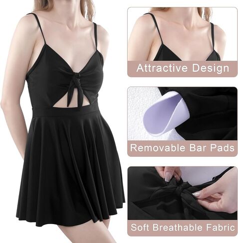 Swim Romper with Built in Bra and Pockets, High Waisted Halter Front Tie Knot Swimdress Bathing Suit Black in Saudi Arabia