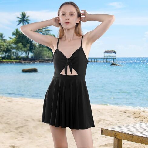 Swim Romper with Built in Bra and Pockets, High Waisted Halter Front Tie Knot Swimdress Bathing Suit Black in Saudi Arabia