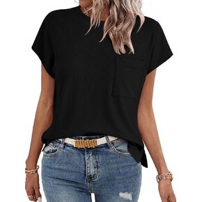 Womens Trendy Summer Cap Sleeve Tops Casual Dressy Ribbed Knit Cute T Shirts Crewneck Side Slit Basic Tees Blouse 2024
