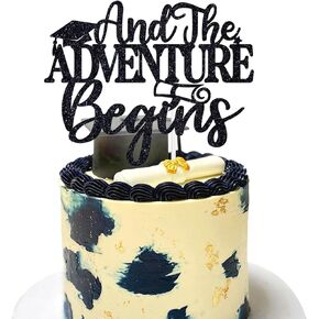 And the adventure Begins Cake Topper, A Sweet Ending to A New Beginning/New Chapter, Adventure Awaits, Class of 2024 High School College Graduation Party Decoration Supplies, Black Glitter