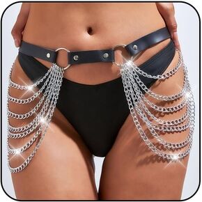 حزام سلسلة الخصر من الجلد البانك، سلاسل الجسم ذات الطبقات السوداء، مجوهرات الجسم للنساء والفتيات in Kuwait