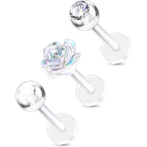 OUFER 3PCS Plastic Helix Piercing Jewelry, Clear Lip Piercing Retainers for Surgery, Cute Flower Lip Rings, 16G Flat Back Cartilage Tragus Lobe Earrings for Women and Men-8mm