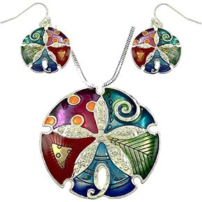 Extra Large Colorful Enameled Sand Dollar Pendant Necklace and Earrings Set with 24" Chain Fashion Jewelry