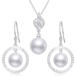 SISGEM 14k White Gold Diamond Pearl Necklace and 10k Gold Circle Dangle Earrings Set, Fine Jewelry for Her